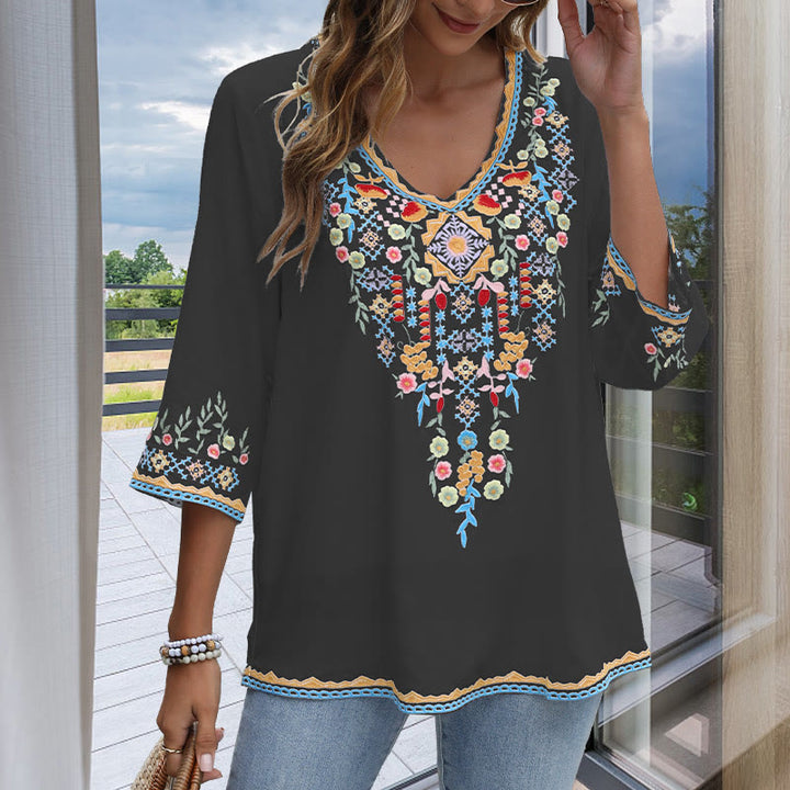 Camiseta de algodón para mujer, de manga larga y cuello en V, con bordado floral y estampado de Buddha Stones de primavera