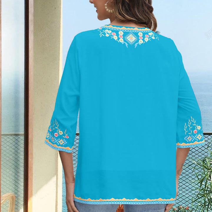 Camiseta de algodón para mujer, de manga larga y cuello en V, con bordado floral y estampado de Buddha Stones de primavera
