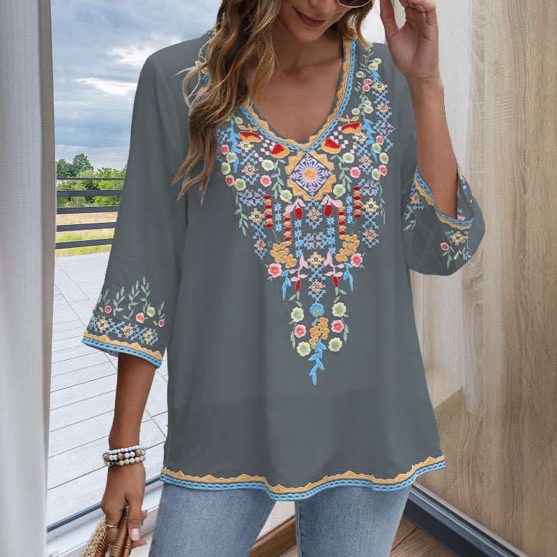 Camiseta de algodón para mujer, de manga larga y cuello en V, con bordado floral y estampado de Buddha Stones de primavera