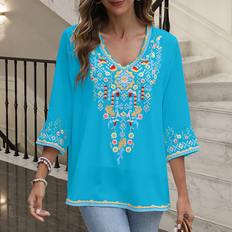 Camiseta de algodón para mujer, de manga larga y cuello en V, con bordado floral y estampado de Buddha Stones de primavera