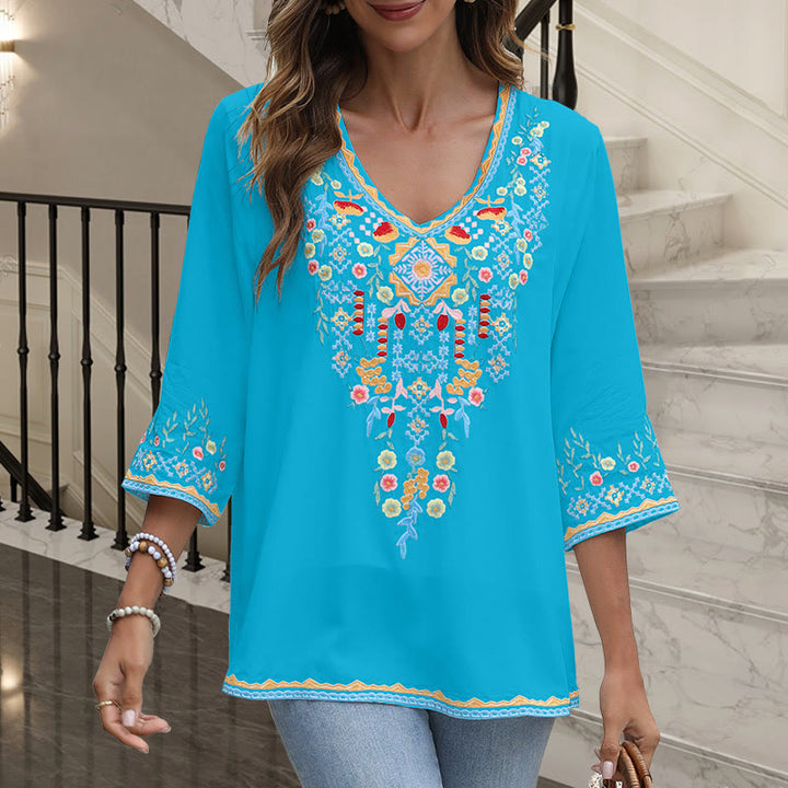 Camiseta de algodón para mujer, de manga larga y cuello en V, con bordado floral y estampado de Buddha Stones de primavera