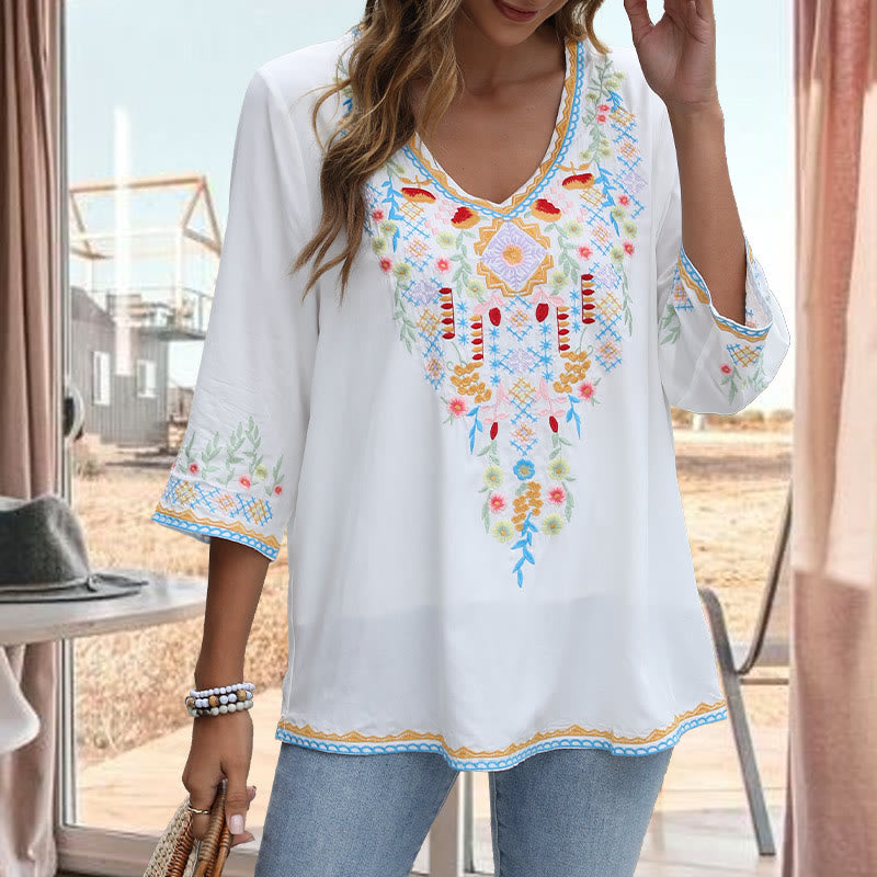 Camiseta de algodón para mujer, de manga larga y cuello en V, con bordado floral y estampado de Buddha Stones de primavera
