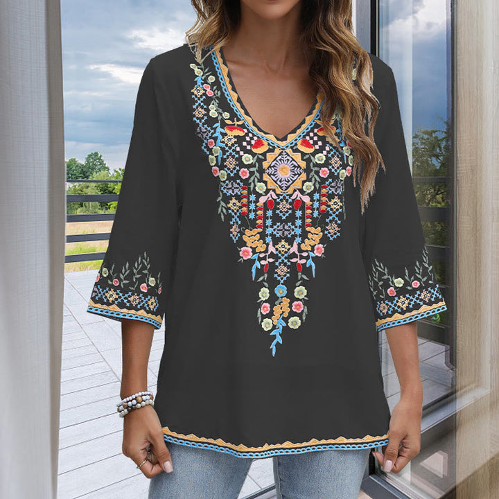 Camiseta de algodón para mujer, de manga larga y cuello en V, con bordado floral y estampado de Buddha Stones de primavera