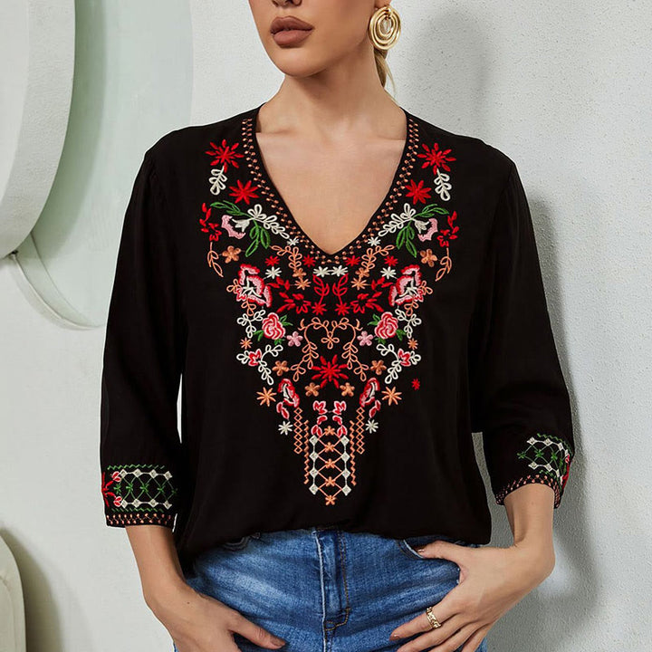 Camiseta de algodón para mujer con cuello en V y manga tres cuartos con bordado floral de verano y Buddha Stones