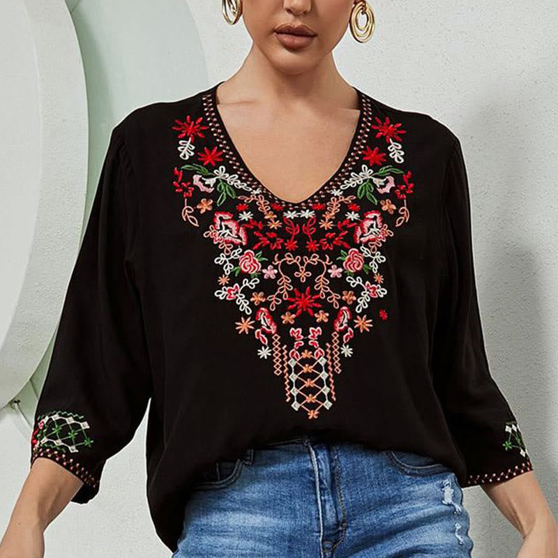 Camiseta de algodón para mujer con cuello en V y manga tres cuartos con bordado floral de verano y Buddha Stones