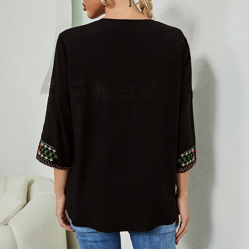 Camiseta de algodón para mujer con cuello en V y manga tres cuartos con bordado floral de verano y Buddha Stones