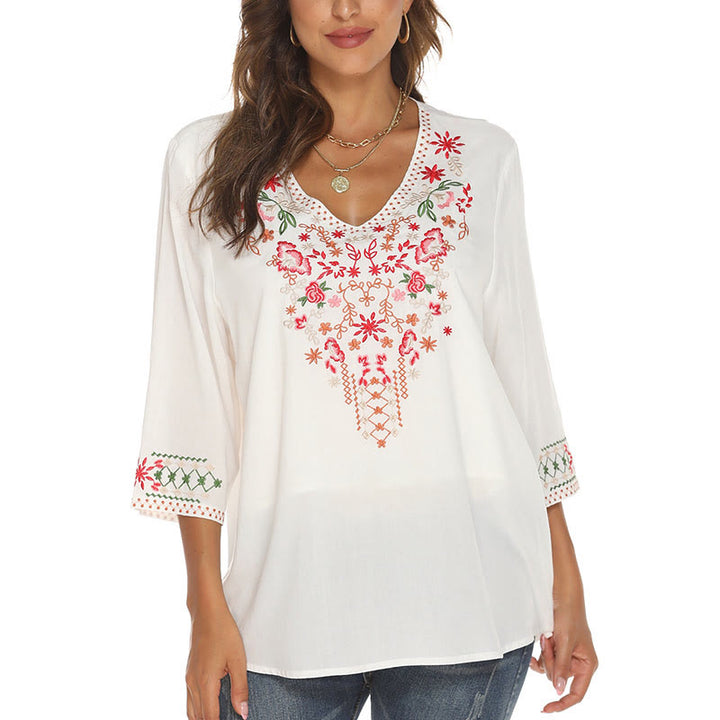 Camiseta de algodón para mujer con cuello en V y manga tres cuartos con bordado floral de verano y Buddha Stones