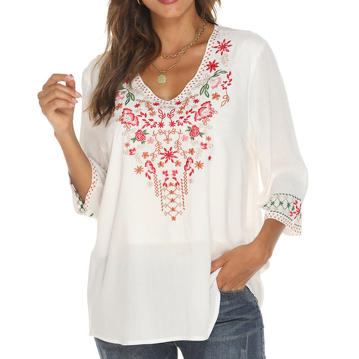 Camiseta de algodón para mujer con cuello en V y manga tres cuartos con bordado floral de verano y Buddha Stones
