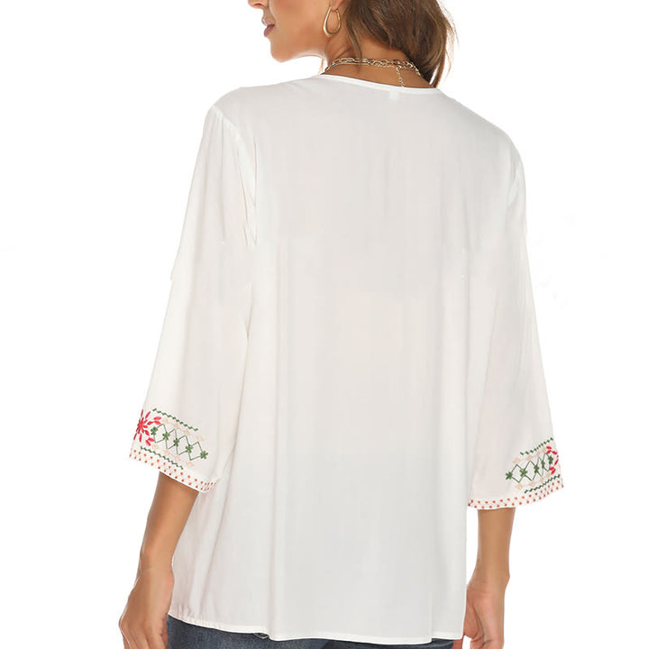Camiseta de algodón para mujer con cuello en V y manga tres cuartos con bordado floral de verano y Buddha Stones