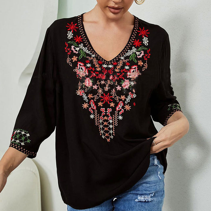Camiseta de algodón para mujer con cuello en V y manga tres cuartos con bordado floral de verano y Buddha Stones