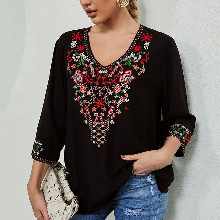 Camiseta de algodón para mujer con cuello en V y manga tres cuartos con bordado floral de verano y Buddha Stones