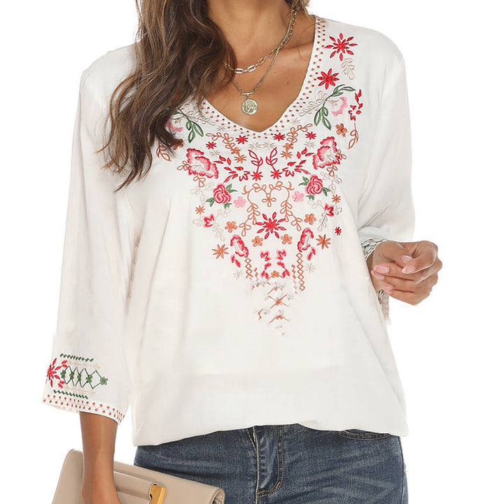 Camiseta de algodón para mujer con cuello en V y manga tres cuartos con bordado floral de verano y Buddha Stones