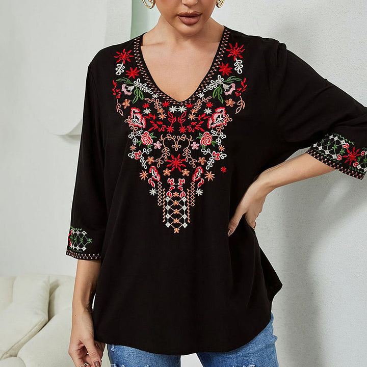 Camiseta de algodón para mujer con cuello en V y manga tres cuartos con bordado floral de verano y Buddha Stones