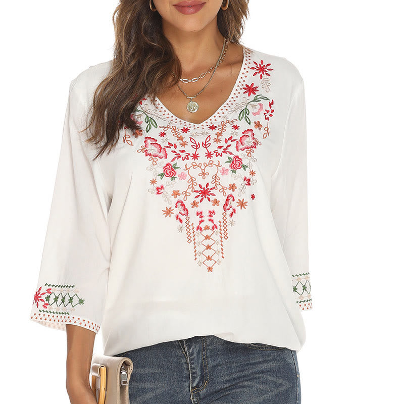 Camiseta de algodón para mujer con cuello en V y manga tres cuartos con bordado floral de verano y Buddha Stones