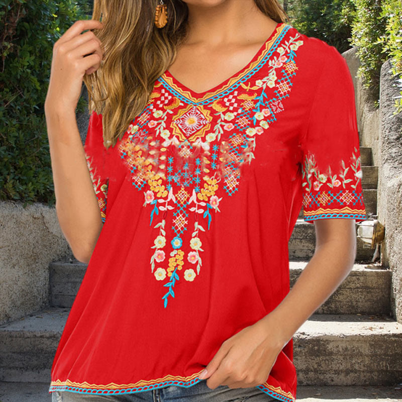 Camiseta de algodón para mujer con cuello en V y manga corta con diseño floral bordado de Buddha Stones