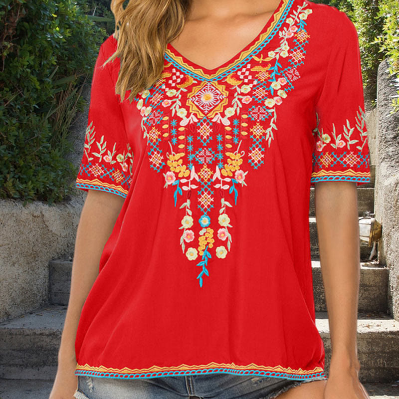 Camiseta de algodón para mujer con cuello en V y manga corta con diseño floral bordado de Buddha Stones