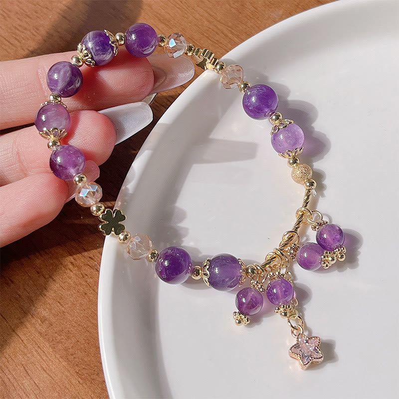 Pulsera de la paz con trébol de cuatro hojas y amatista natural de Buddha Stones
