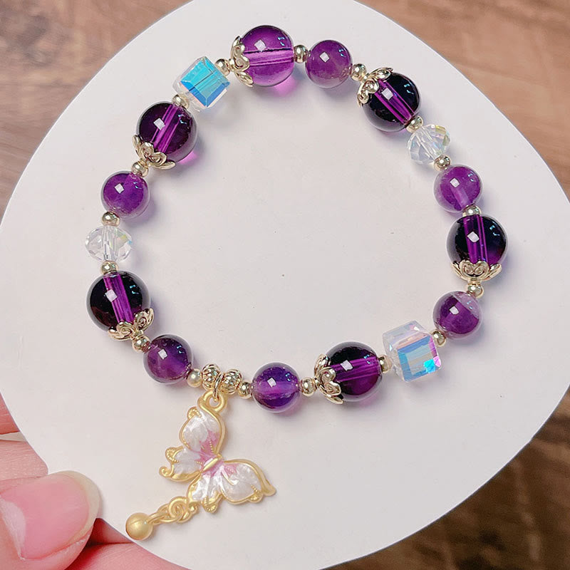 Pulsera de la paz con mariposa y piedra solar de amatista natural de Buddha Stones