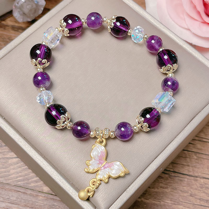 Pulsera de la paz con mariposa y piedra solar de amatista natural de Buddha Stones