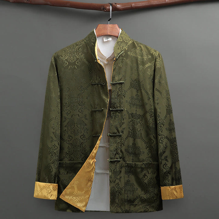 Camisa de manga larga con bolsillos y botones de rana para hombre de Buddha Stones Tang Suit, con estampado de peces koi. - Verde amarillento - US/UK/AU42, EU52 (3XL) - image 13
