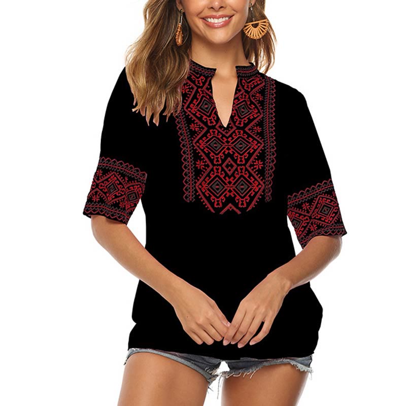 Camiseta de algodón para mujer con cuello en V y media manga con bordado floral bohemio de Buddha Stones