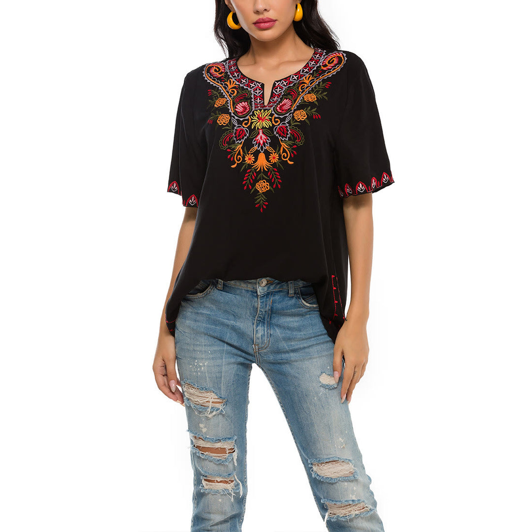 Camiseta de algodón con muescas y media manga con diseño floral bordado en negro con Buddha Stones para mujer
