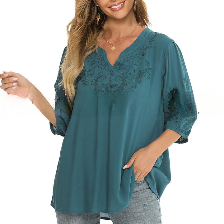 Camiseta informal de algodón con cuello en V y manga tres cuartos con bordado floral de Buddha Stones para mujer