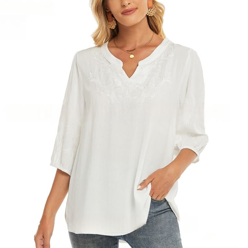 Camiseta informal de algodón con cuello en V y manga tres cuartos con bordado floral de Buddha Stones para mujer