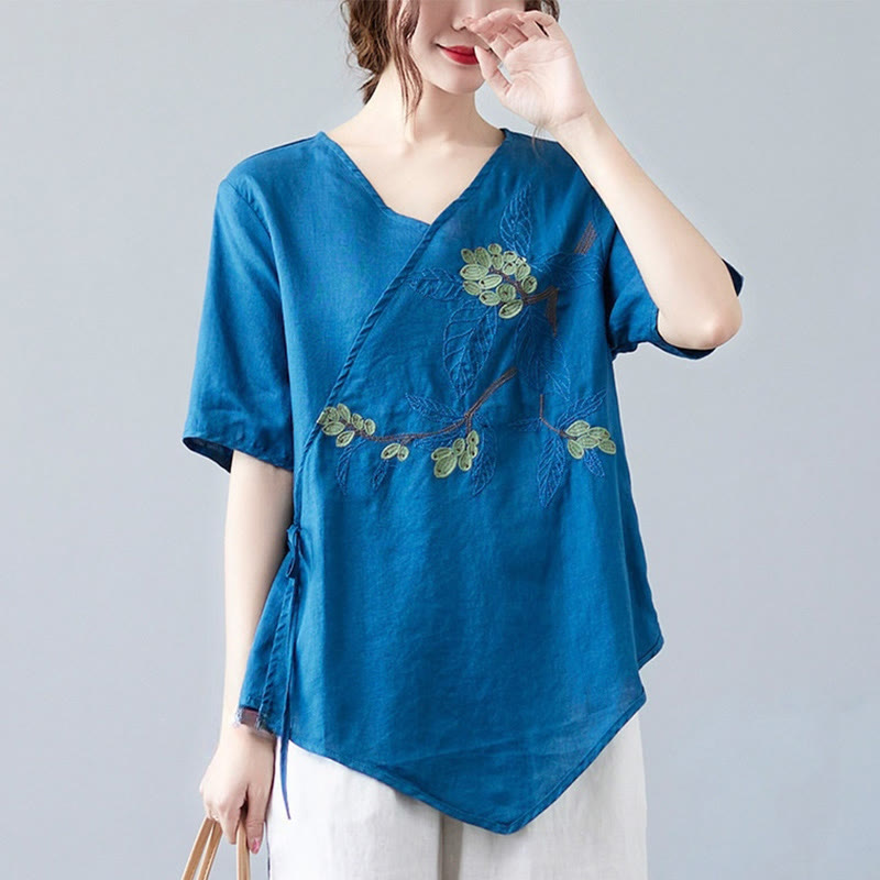 Camiseta de verano informal con bordado étnico de Buddha Stones y flores, con cordones, manga corta, cuello en V, de algodón y lino para mujer - Azul medio - US8-10，UK/AU12-14，EU40-42 (2XL) - image 0