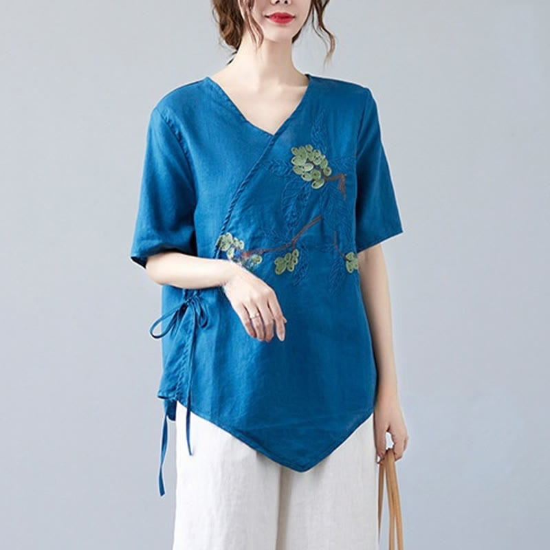 Camiseta de verano informal con bordado étnico de Buddha Stones y flores, con cordones, manga corta, cuello en V, de algodón y lino para mujer - image 1