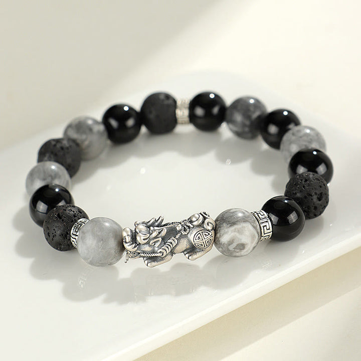 Pulsera de protección de piedra de lava con ónix negro y jaspe gris de Buddha Stones en plata de ley 999.