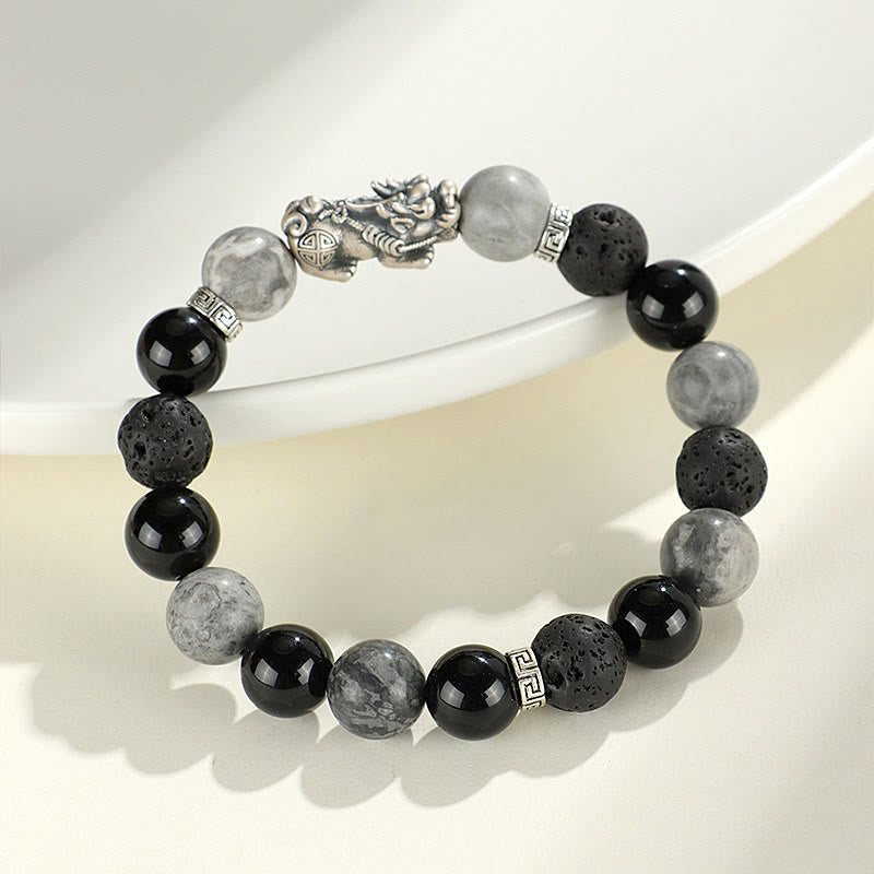 Pulsera de protección de piedra de lava con ónix negro y jaspe gris de Buddha Stones en plata de ley 999.