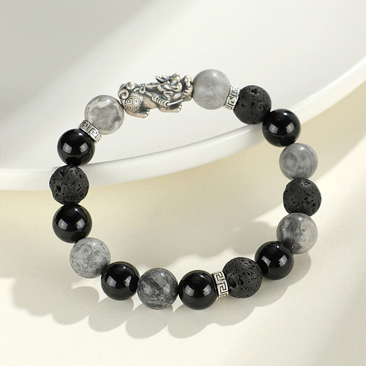 Pulsera de protección de piedra de lava con ónix negro y jaspe gris de Buddha Stones en plata de ley 999.
