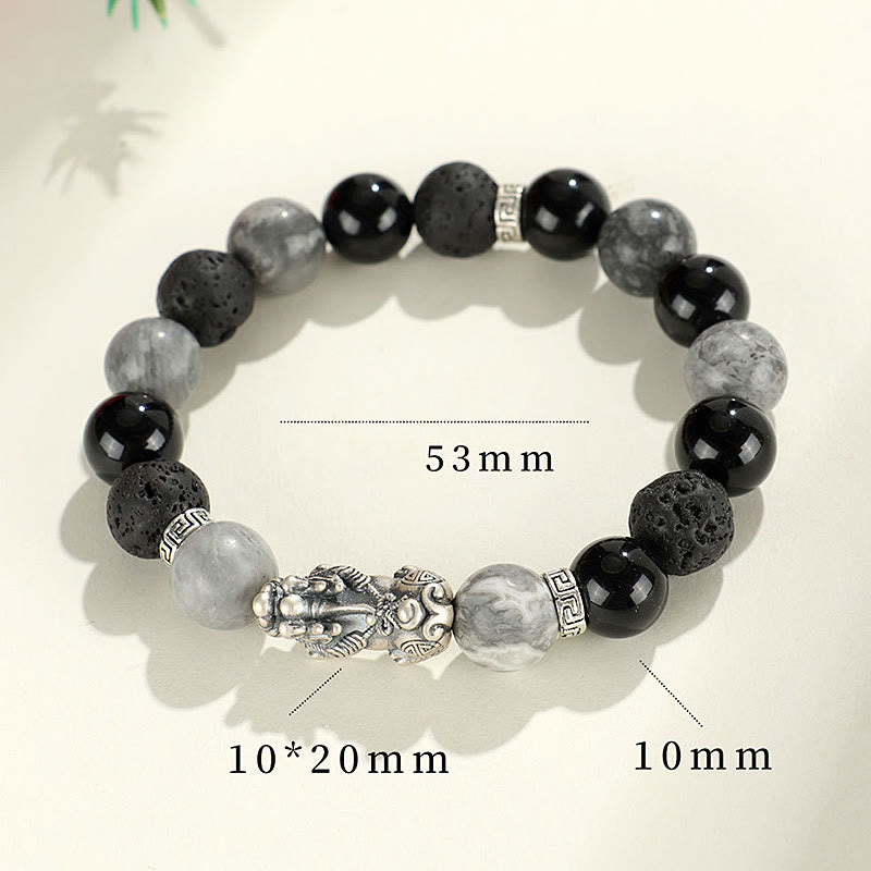 Pulsera de protección de piedra de lava con ónix negro y jaspe gris de Buddha Stones en plata de ley 999.