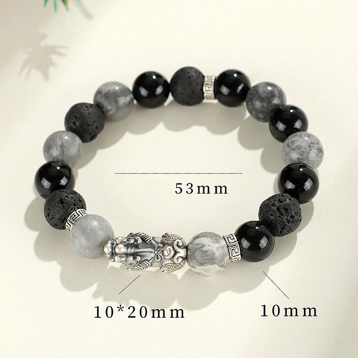 Pulsera de protección de piedra de lava con ónix negro y jaspe gris de Buddha Stones en plata de ley 999.