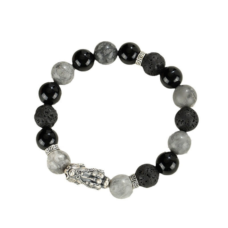 Pulsera de protección de piedra de lava con ónix negro y jaspe gris de Buddha Stones en plata de ley 999.