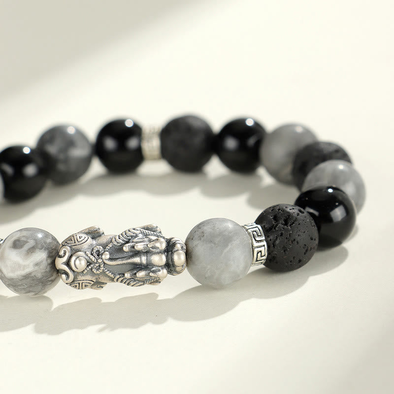 Pulsera de protección de piedra de lava con ónix negro y jaspe gris de Buddha Stones en plata de ley 999.