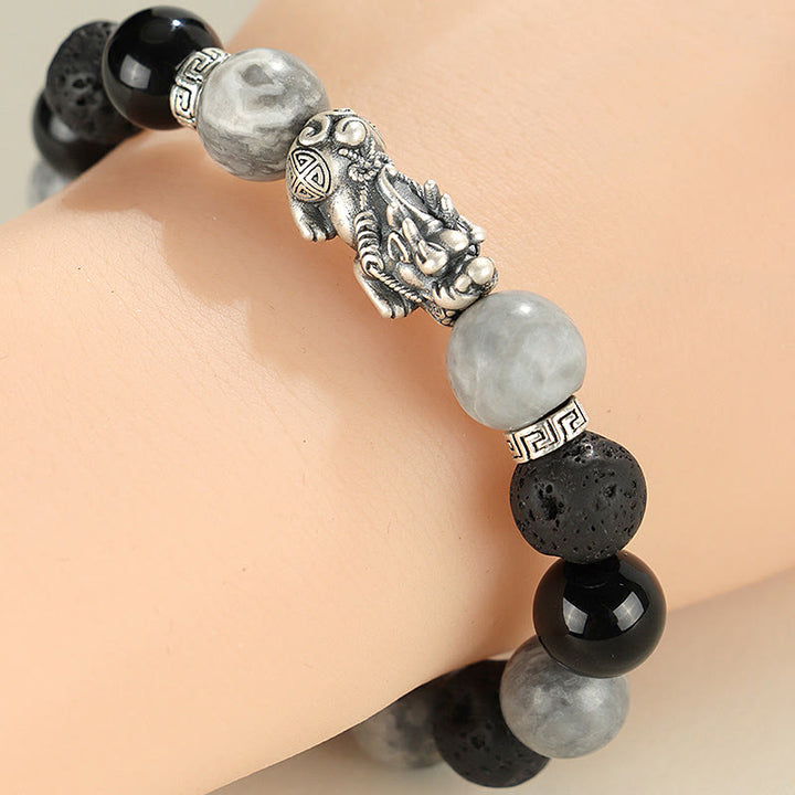 Pulsera de protección de piedra de lava con ónix negro y jaspe gris de Buddha Stones en plata de ley 999.
