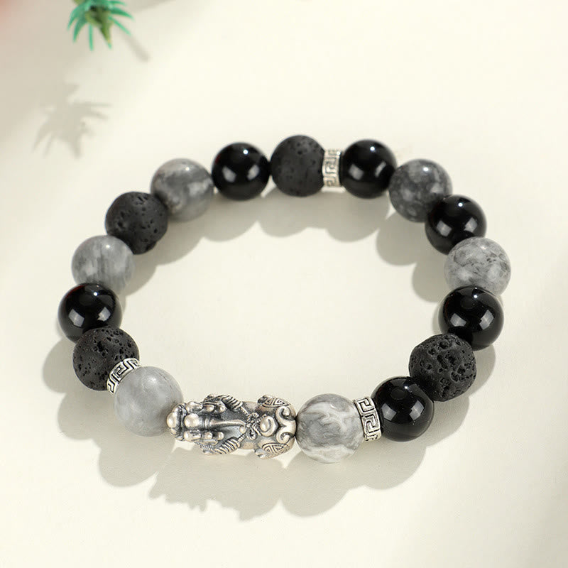 Pulsera de protección de piedra de lava con ónix negro y jaspe gris de Buddha Stones en plata de ley 999.