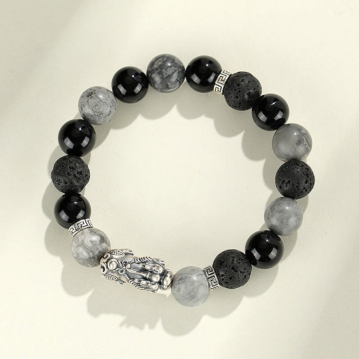 Pulsera de protección de piedra de lava con ónix negro y jaspe gris de Buddha Stones en plata de ley 999. - image 1