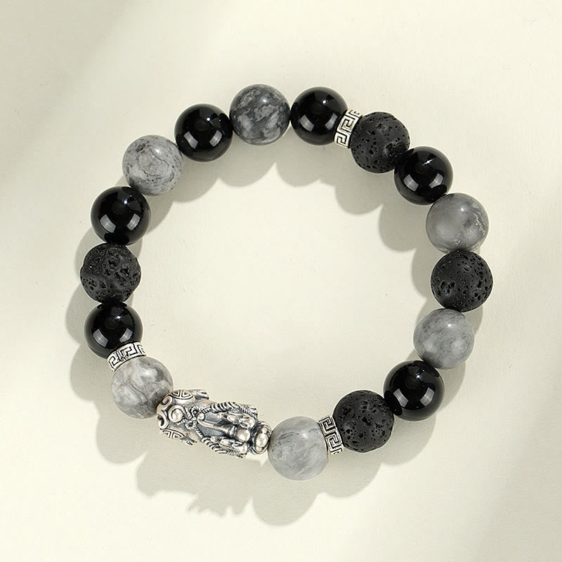 Pulsera de protección de piedra de lava con ónix negro y jaspe gris de Buddha Stones en plata de ley 999.