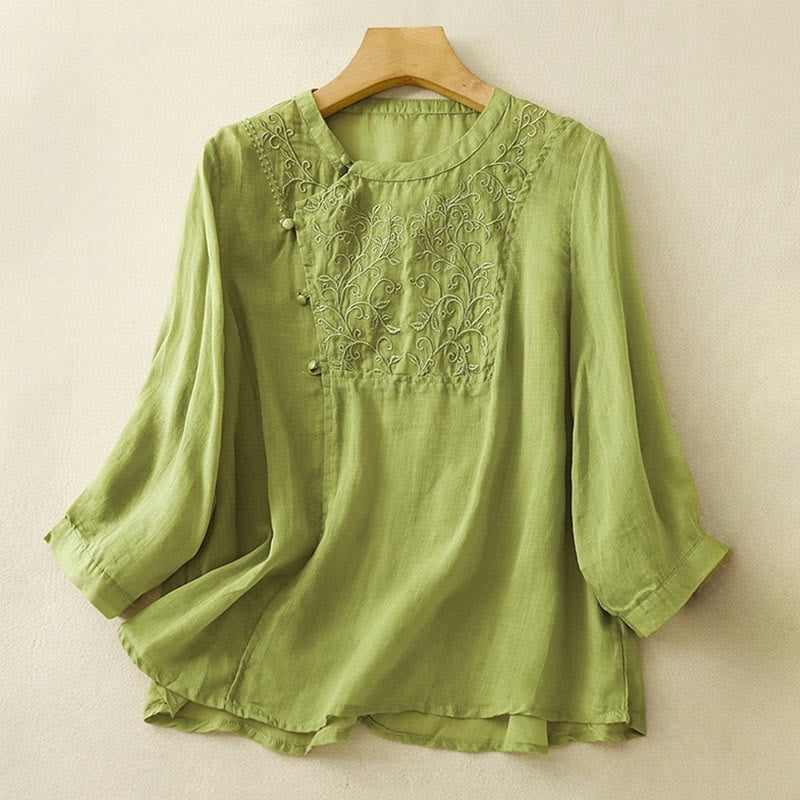 Camisa de lino y algodón para mujer con cuello inclinado, manga larga, bordado con botones de rana y Buddha Stones - Verde lima - US8-10，UK/AU12-14，EU40-42 (2XL) - image 8