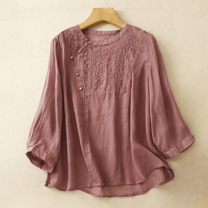 Camisa de lino y algodón para mujer con cuello inclinado, manga larga, bordado con botones de rana y Buddha Stones - Rojo indio - US8-10，UK/AU12-14，EU40-42 (2XL) - image 0