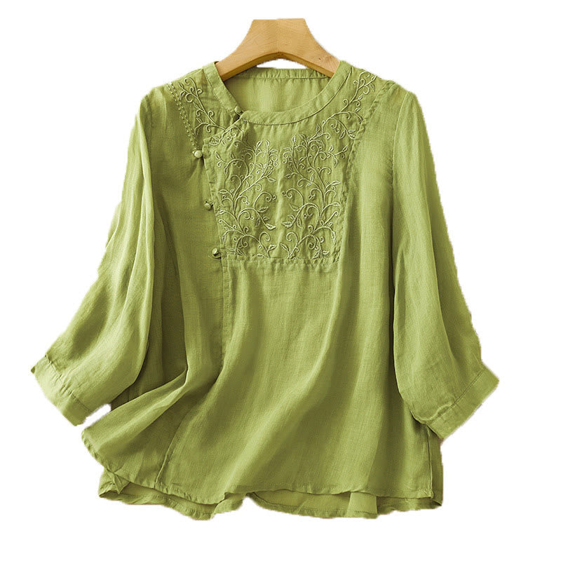Camisa de lino y algodón para mujer con cuello inclinado, manga larga, bordado con botones de rana y Buddha Stones - image 9