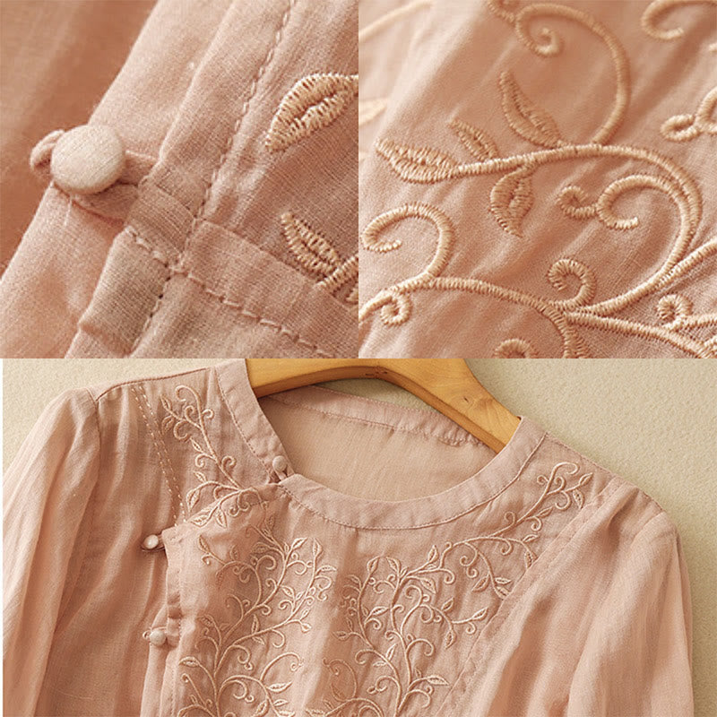 Camisa de lino y algodón para mujer con cuello inclinado, manga larga, bordado con botones de rana y Buddha Stones - image 7