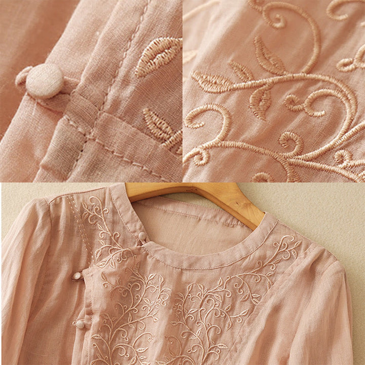 Camisa de lino y algodón para mujer con cuello inclinado, manga larga, bordado con botones de rana y Buddha Stones - image 7