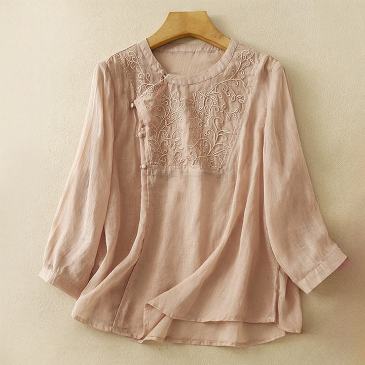 Camisa de lino y algodón para mujer con cuello inclinado, manga larga, bordado con botones de rana y Buddha Stones - Salmón oscuro - US8-10，UK/AU12-14，EU40-42 (2XL) - image 4