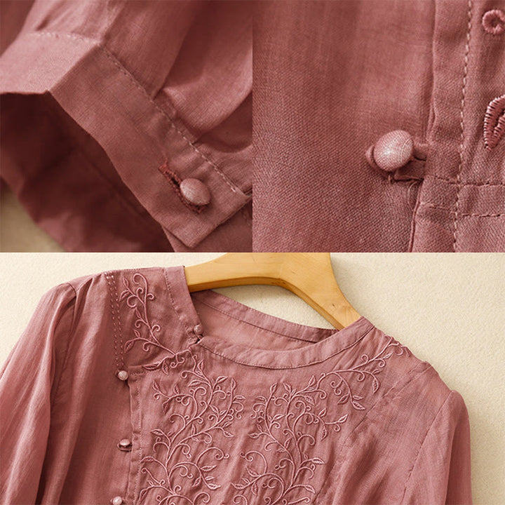 Camisa de lino y algodón para mujer con cuello inclinado, manga larga, bordado con botones de rana y Buddha Stones - image 3