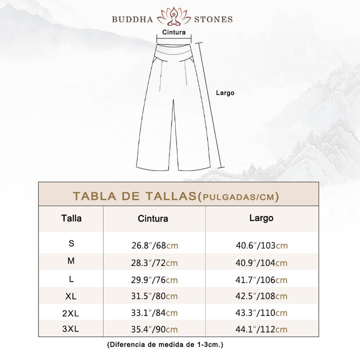 Pantalones de lino y algodón de color liso con cintura alta y pierna ancha y bolsillos con Buddha Stones