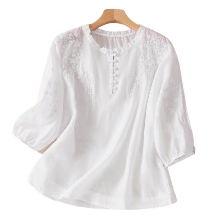 Camisa informal de lino y algodón con mangas abullonadas y diseño floral bordado con botones y Buddha Stones para mujer - image 12